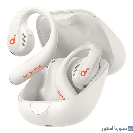 Soundcore AeroFit Pro A3871 با بند گردنی جداشدنی — نمای محصول کنار کیس