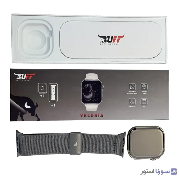 نمایش ساعت هوشمند BUFF Veloria با بند مشکی و بدنه فلزی
